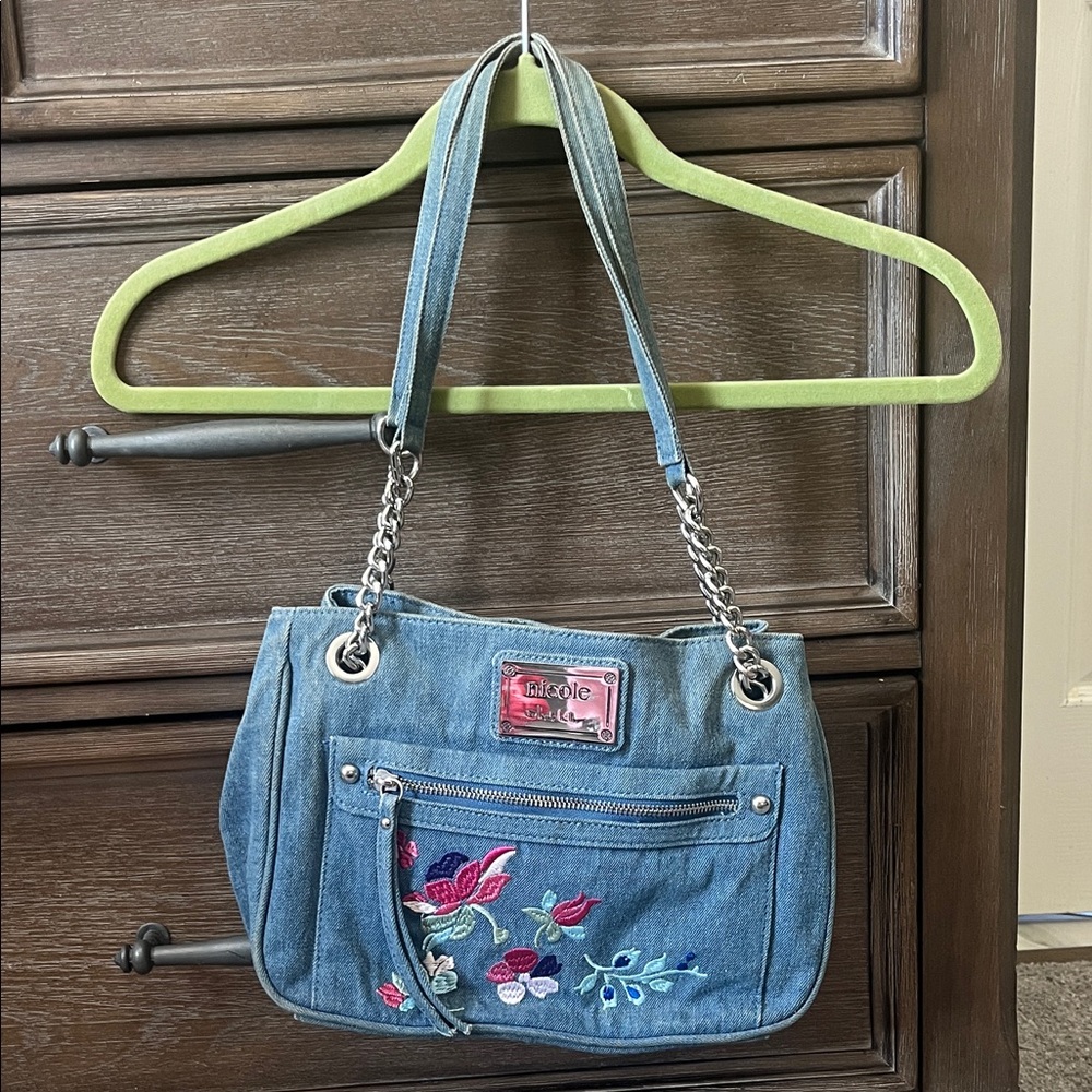 Nicole Denim Blue Floral Shoulder Bag With Embroidery